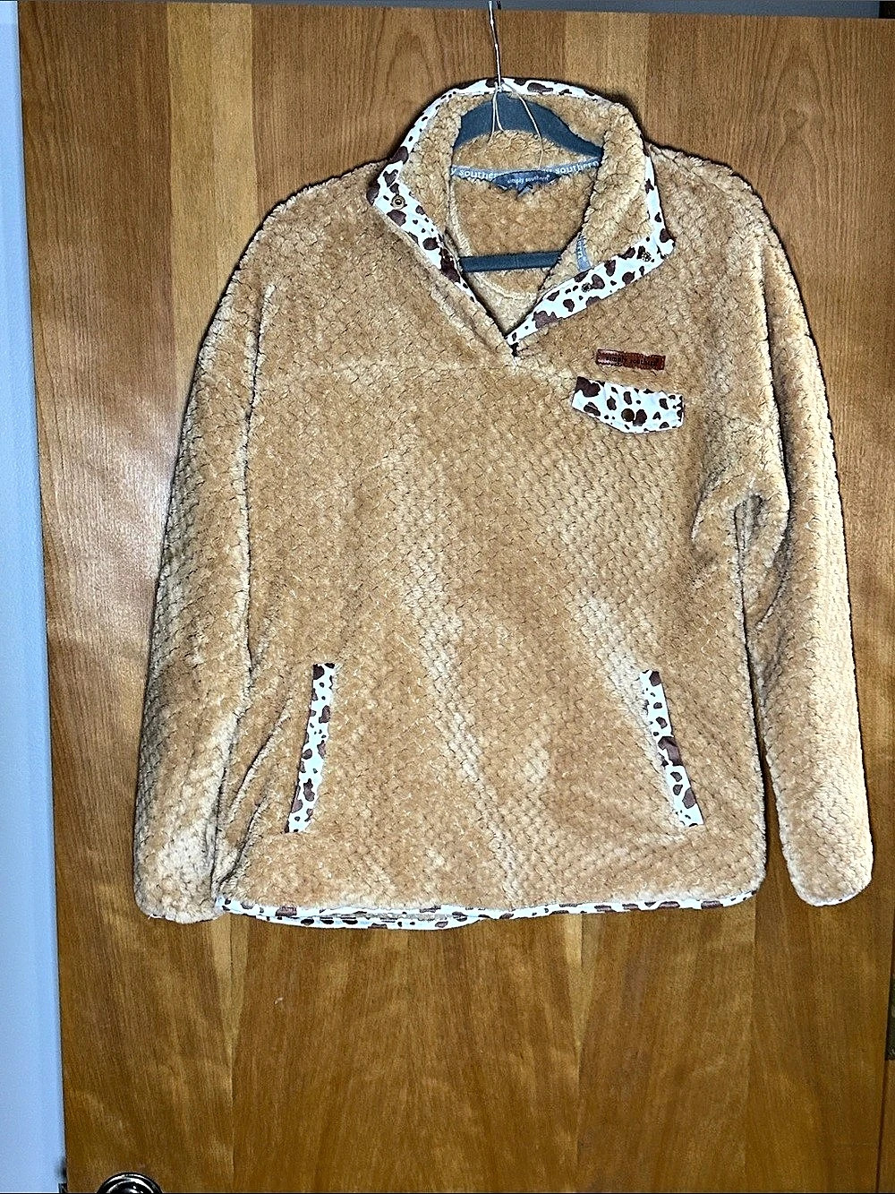 Simply Southern Quarter Snap Cow Print Sherpa Pullover Brown & White Medium